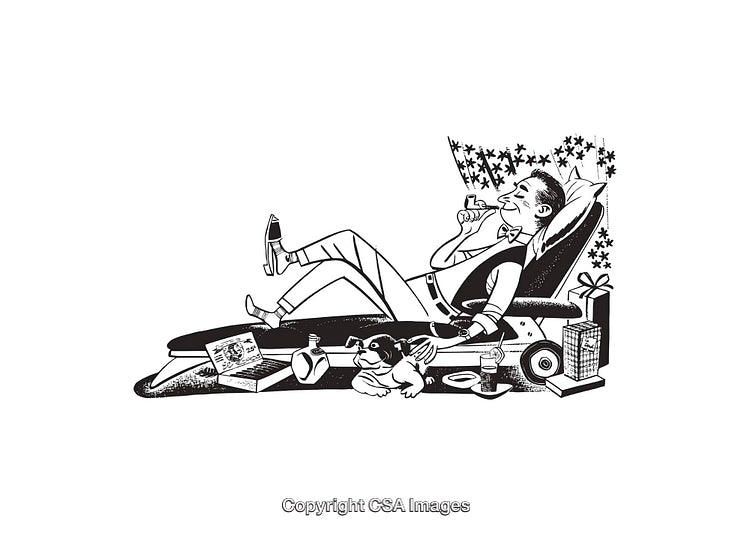 Man Relaxing With Gifts and Drinks in Black and White Illustration