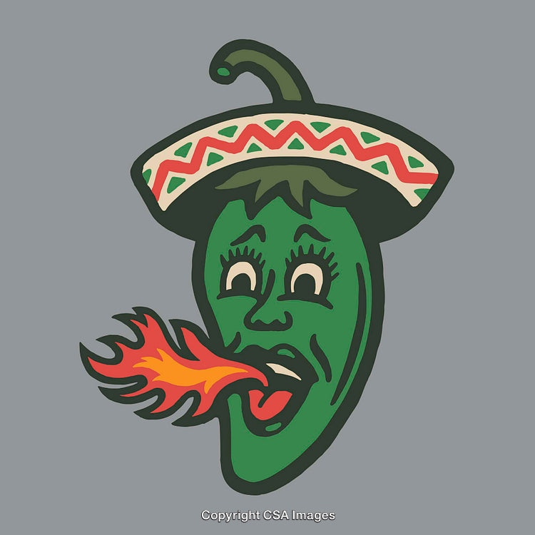 Colorful Illustration of a Fiery Green Pepper With a Fun Sombrero