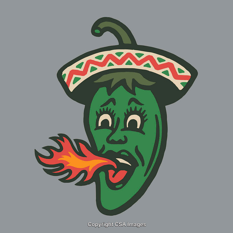 Colorful Illustration of a Fiery Green Pepper With a Fun Sombrero