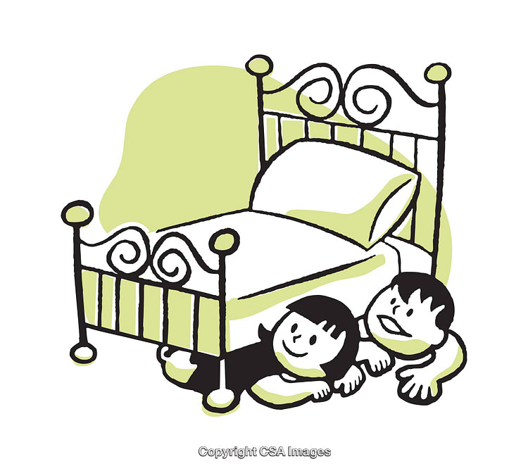 Playful Children Hiding Under a Bed in a Fun Cartoon Illustration