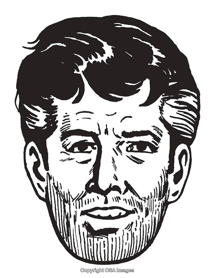 Black and White Illustrated Portrait of a Man with Distinctive Facial Lines