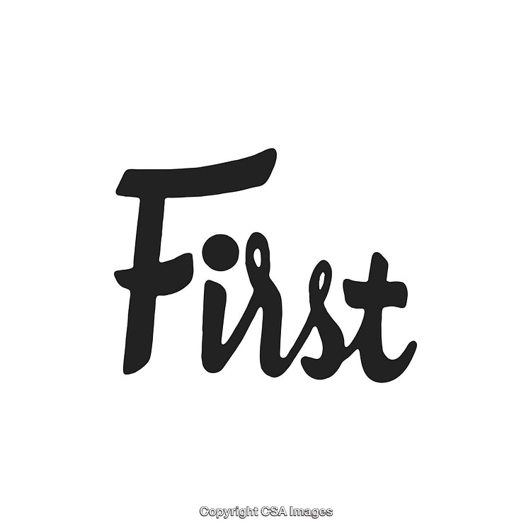 Elegant Handwritten Word 'First' in Black on a White Background