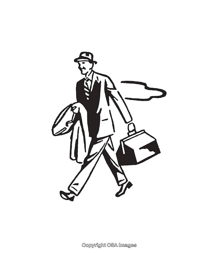 Retro Businessman Walking with Suitcase in Black and White Illustration