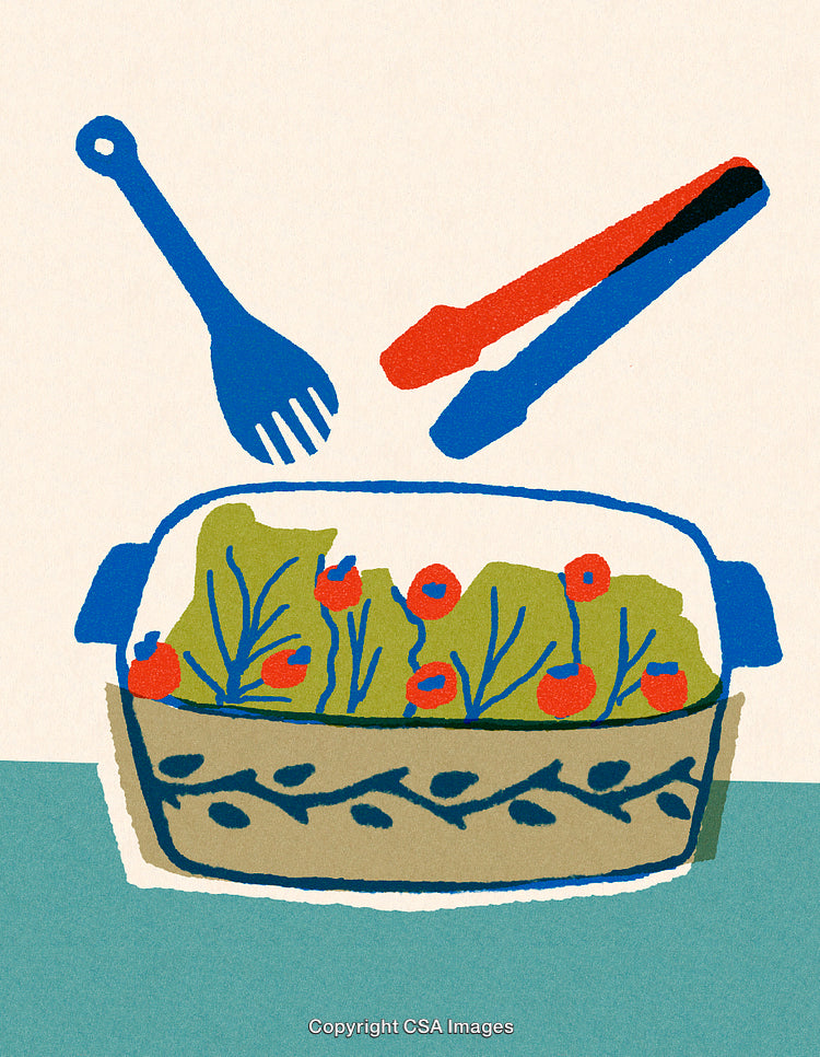 Illustrated Bowl with Fresh Salad and Vibrant Serving Utensils