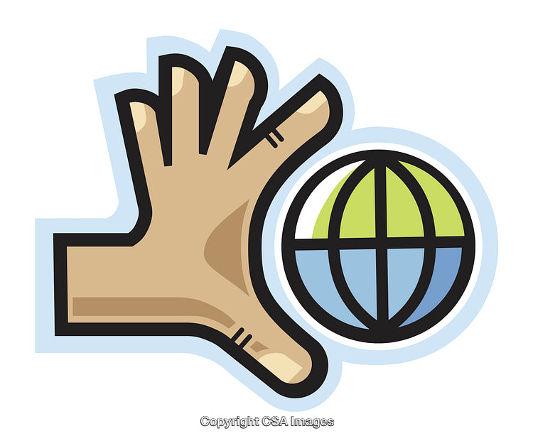 Hand Symbol with Globe Icon Representing Global Connection and Collaboration