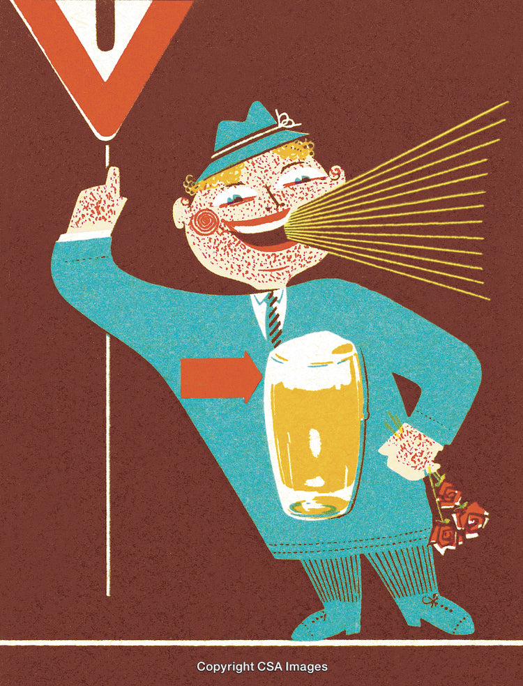 Illustrated Character with Beer Theme and Playful Imagery in Retro Style