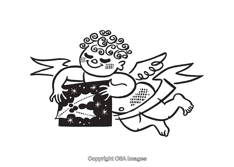 Cherubic Angel Holding Festive Decorative Box in Line Art Style