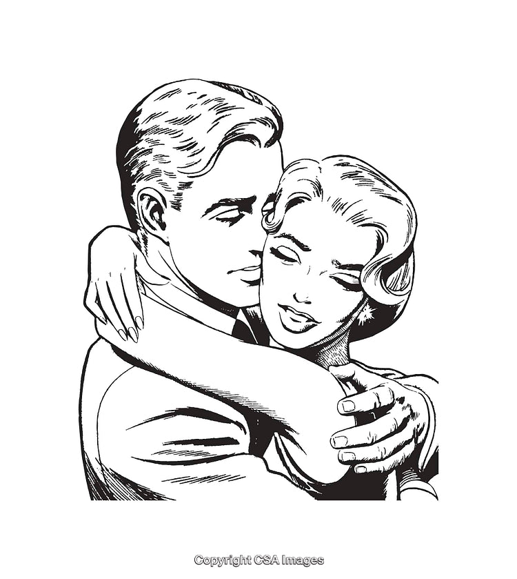 Romantic Couple in a Loving Embrace Black and White Line Art Drawing