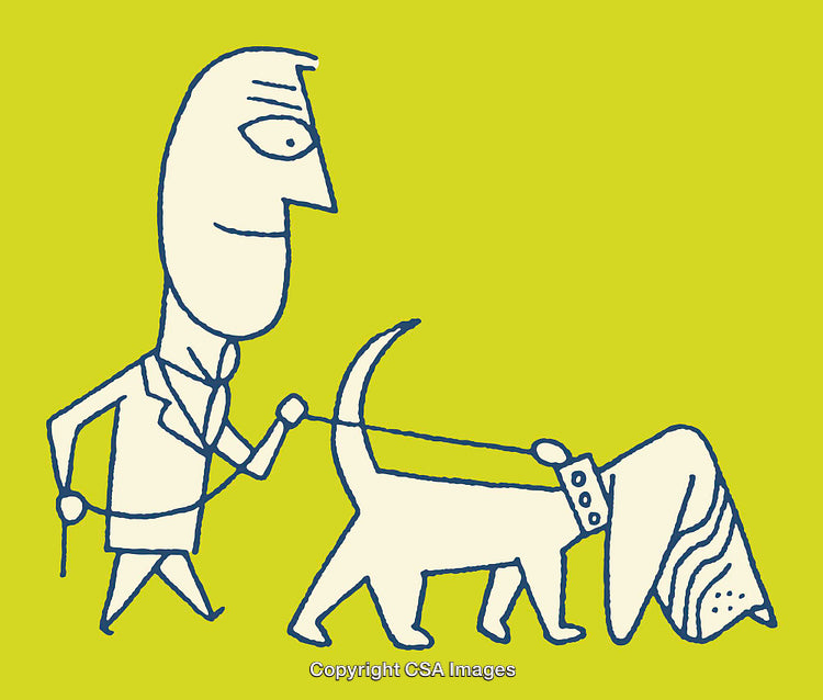 Line Art Illustration of a Man Walking a Dog on a Leash