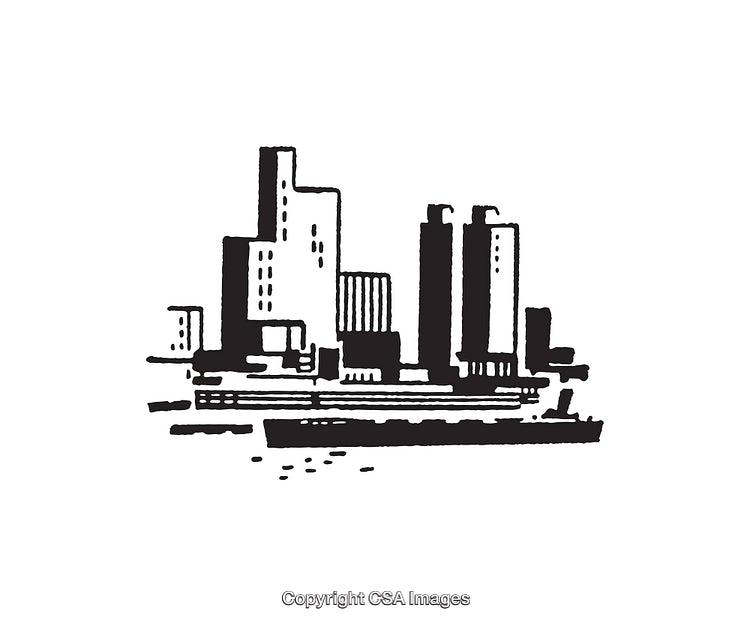 Black and White Line Art Illustration of an Urban Skyline Scene