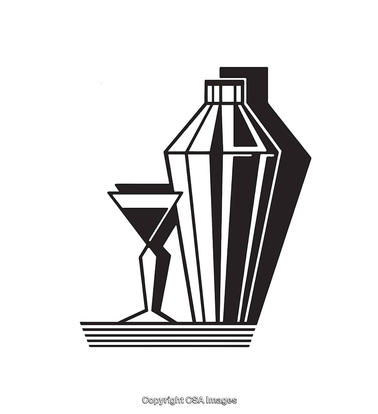 Stylized Cocktail Shaker and Martini Glass Black and White Illustration
