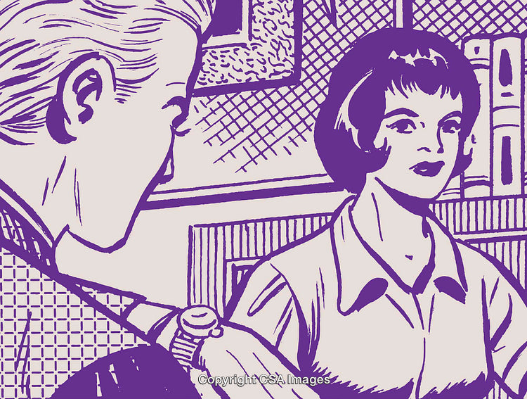 Vintage Comic Style Illustration of Two Individuals in Retro Artistic Setting