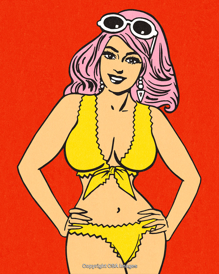 Retro Pop Art Woman in Yellow Bikini Against Red Background