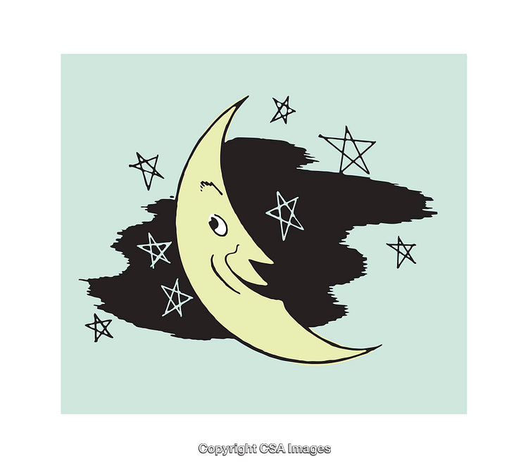 Whimsical Cartoon Moon Illustration with Stars in a Night Sky Scene