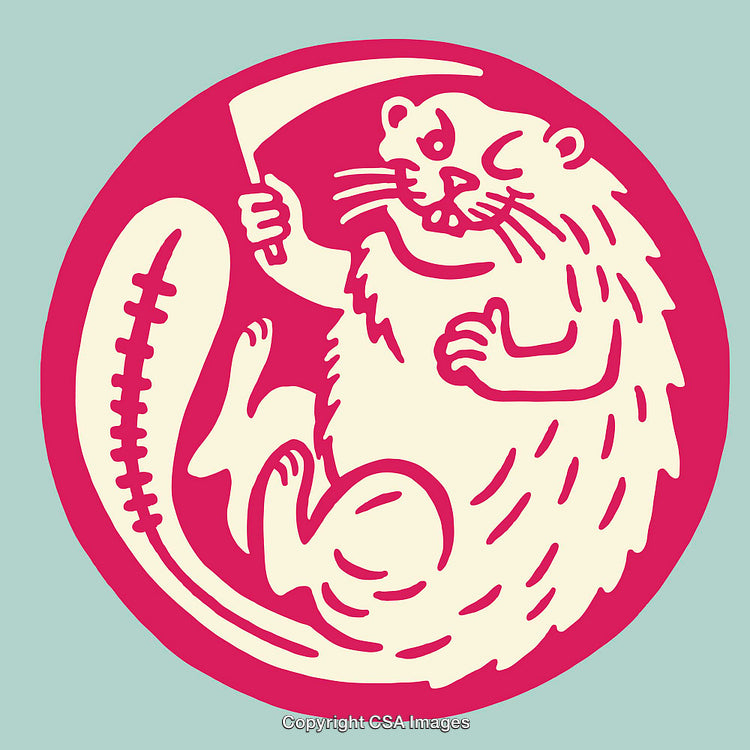 Playful Beaver Illustration with Scythe in a Circular Composition