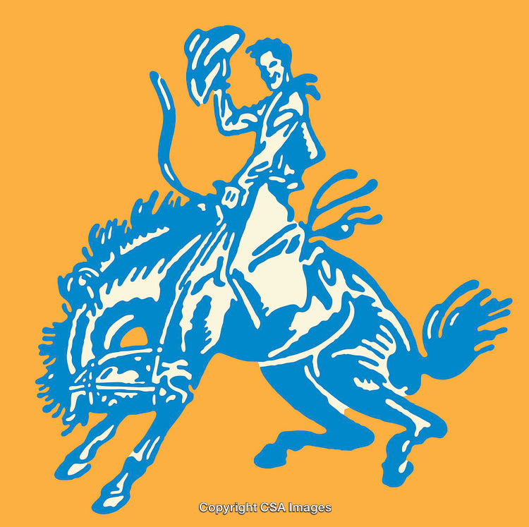Colorful Line Art of Cowboy Riding a Bucking Horse on Orange Background