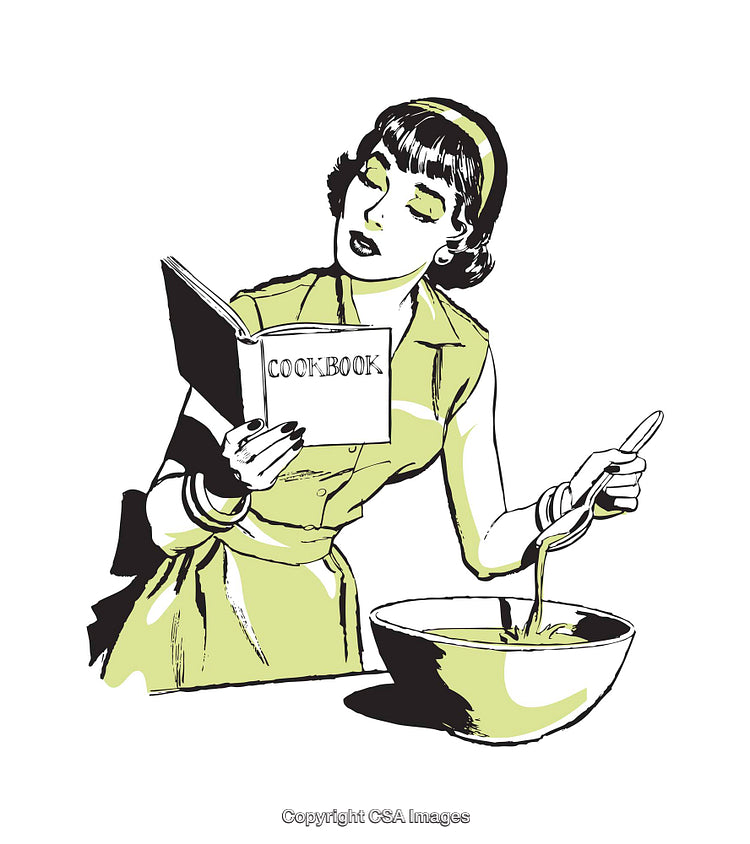 Vintage Illustration of a Woman Reading a Cookbook While Cooking
