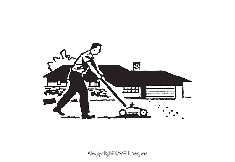 Man Mowing Lawn in Front of Suburban House Illustration in Black and White