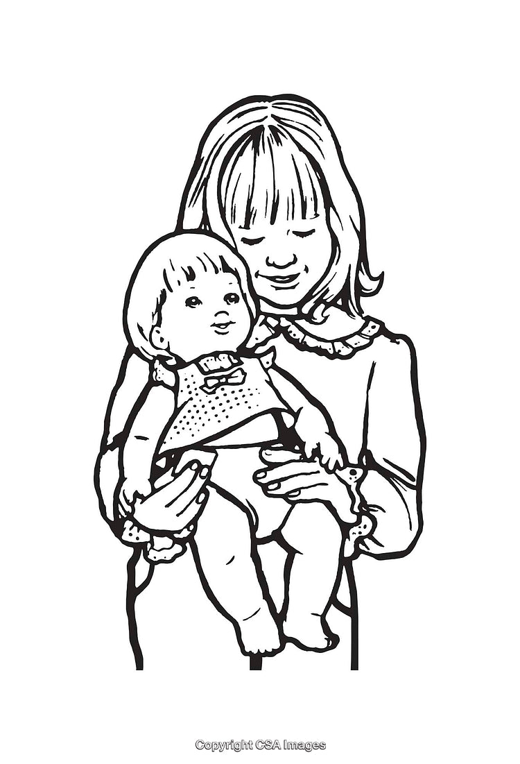 Black and White Line Art of a Girl Holding a Doll
