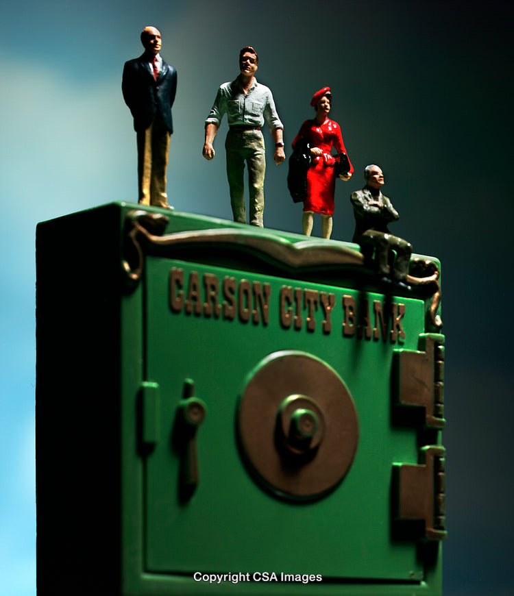 Miniature Figures Standing on a Banking-Themed Model with Green Vault