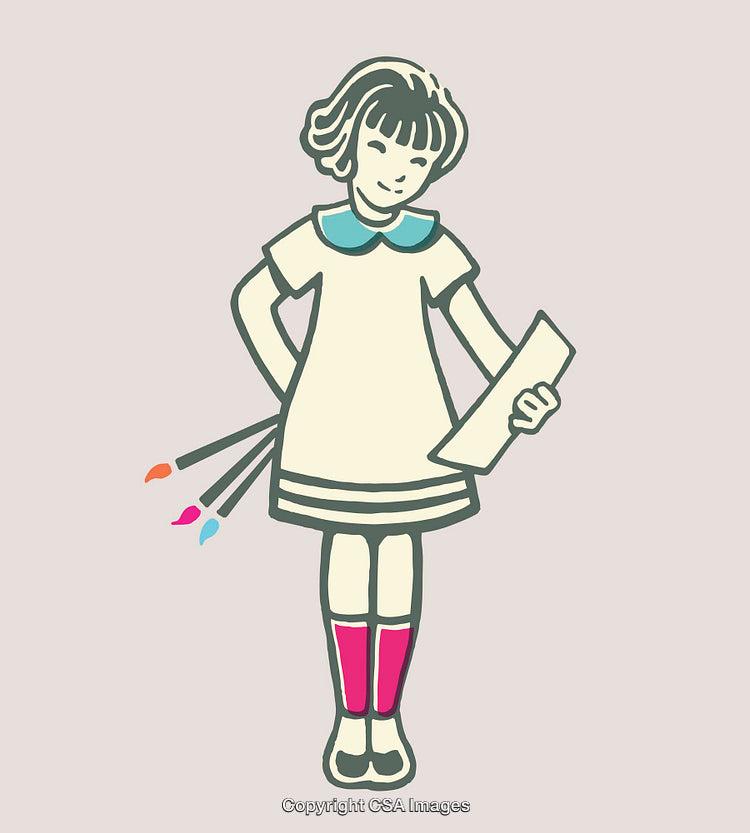 Charming Cartoon Illustration of a Young Girl Reading Paper with Paintbrushes