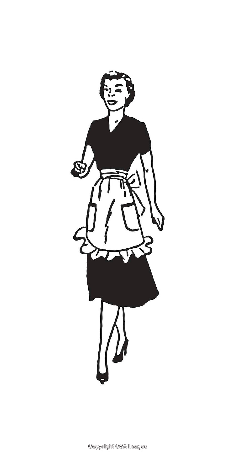 Vintage Line Art Illustration of Woman Wearing Apron and Smiling