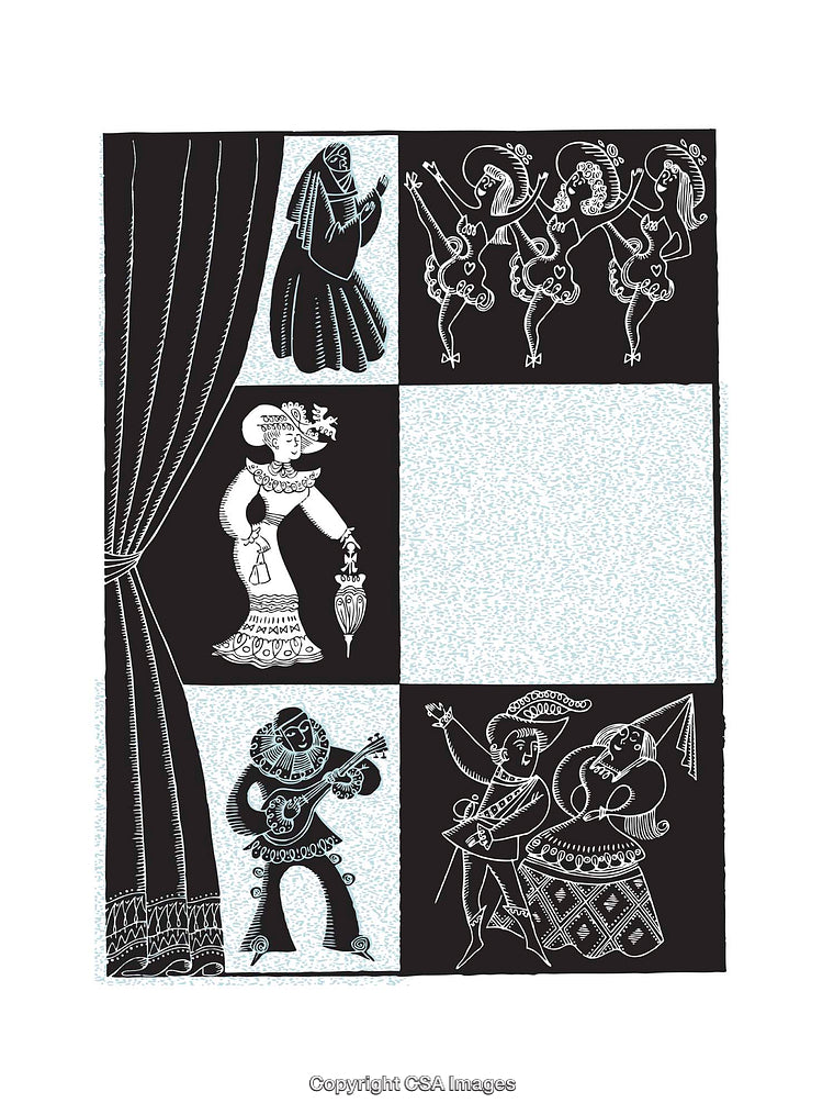 Illustrative Design Depicting Expressive Characters in a Theatrical Presentation