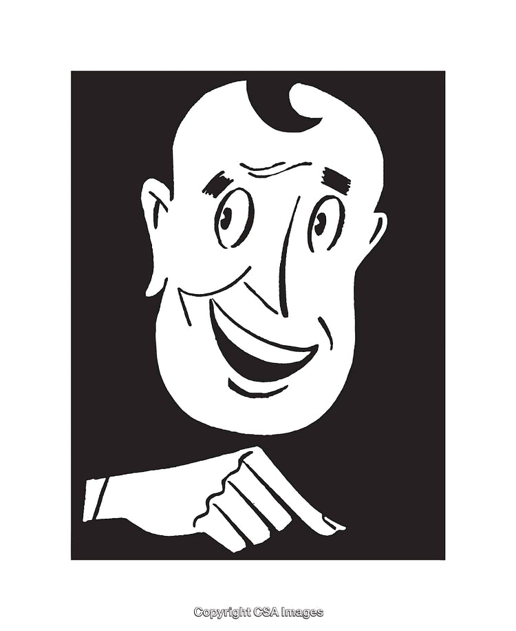 Cheerful Cartoon Illustration of a Happy Face and Pointing Hand in Black and White
