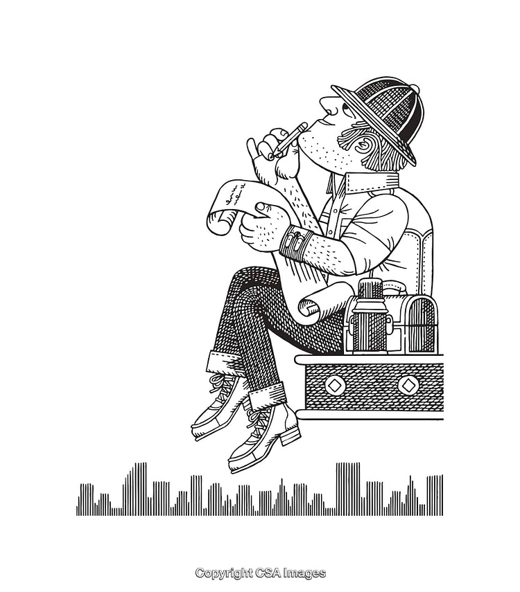 Black and White Illustration of a Man Deep in Thought While Writing Notes
