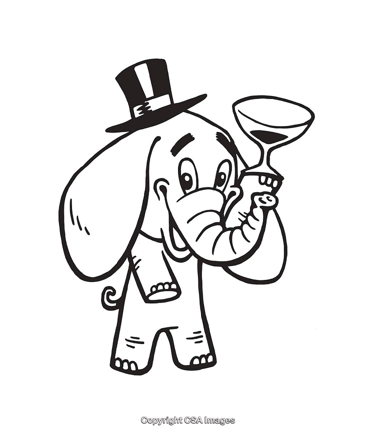 Cartoon Elephant Wearing a Hat and Holding a Drink Glass in Line Art