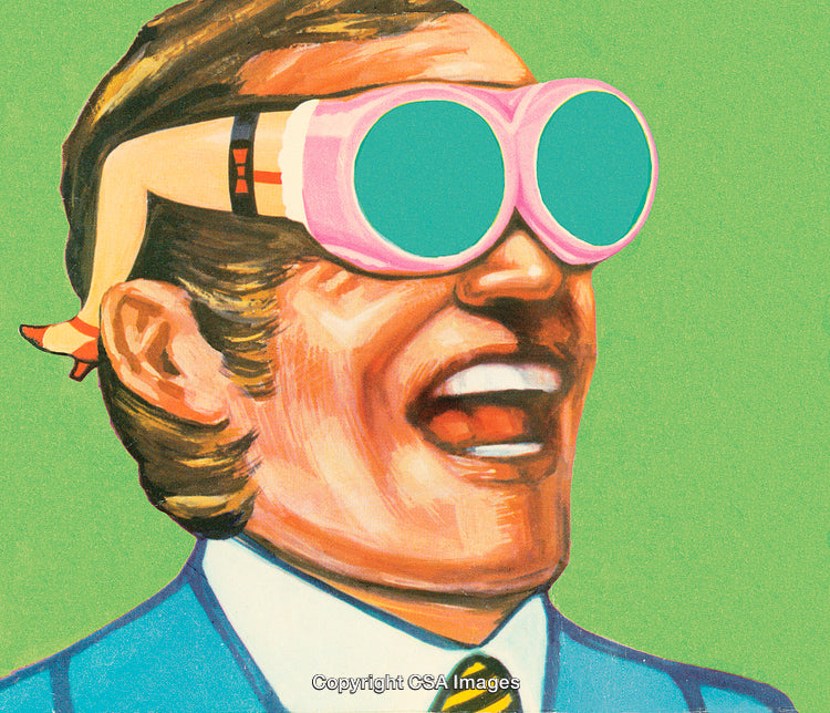 Man in Blue Suit with Vibrant Goggles and Surreal Elements