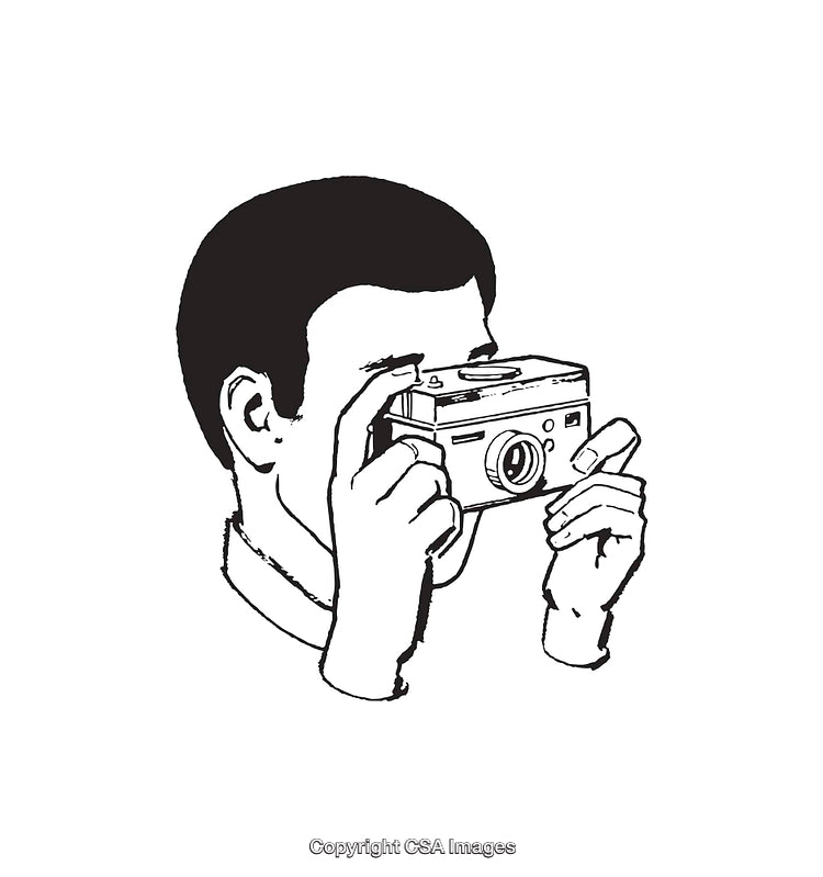 Monochrome Line Art Illustration of a Photographer Using a Camera