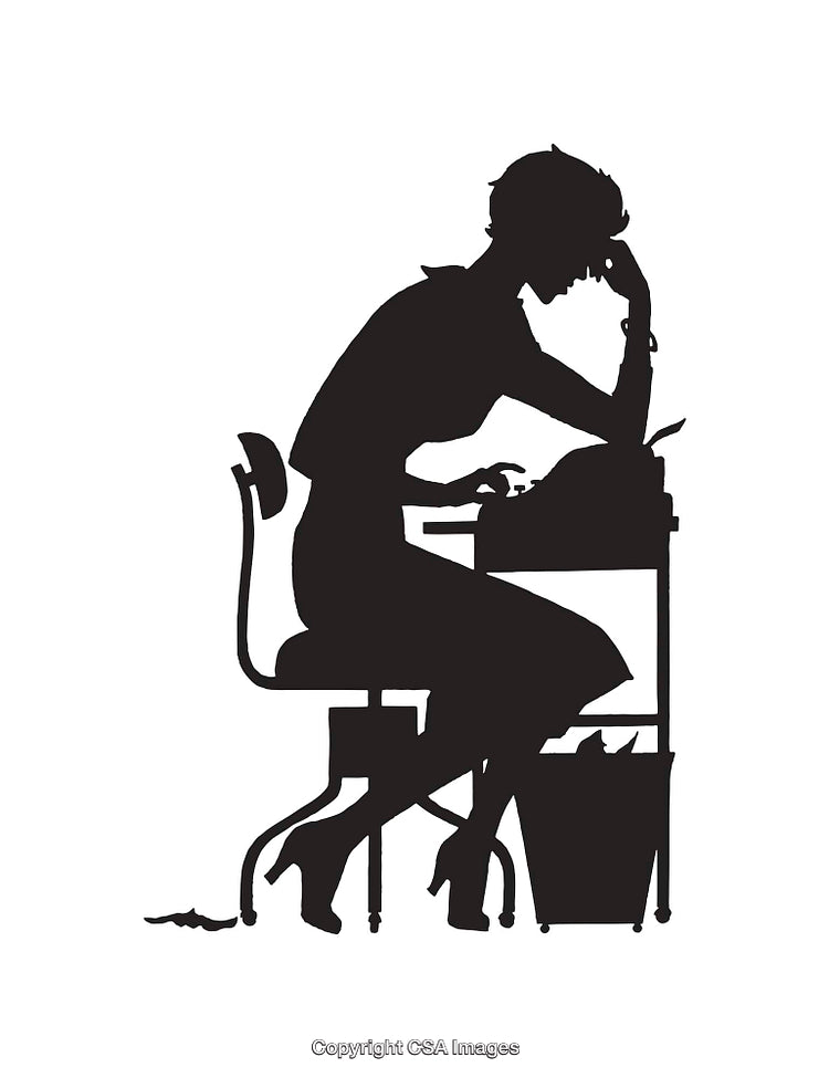 Silhouette of a Pensive Woman Working on a Typewriter