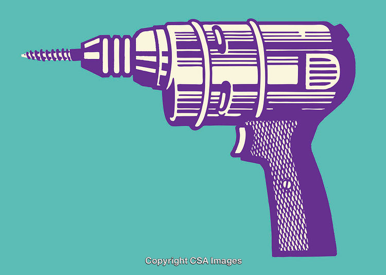 Colorful Line Art Illustration of a Power Drill on a Teal Background
