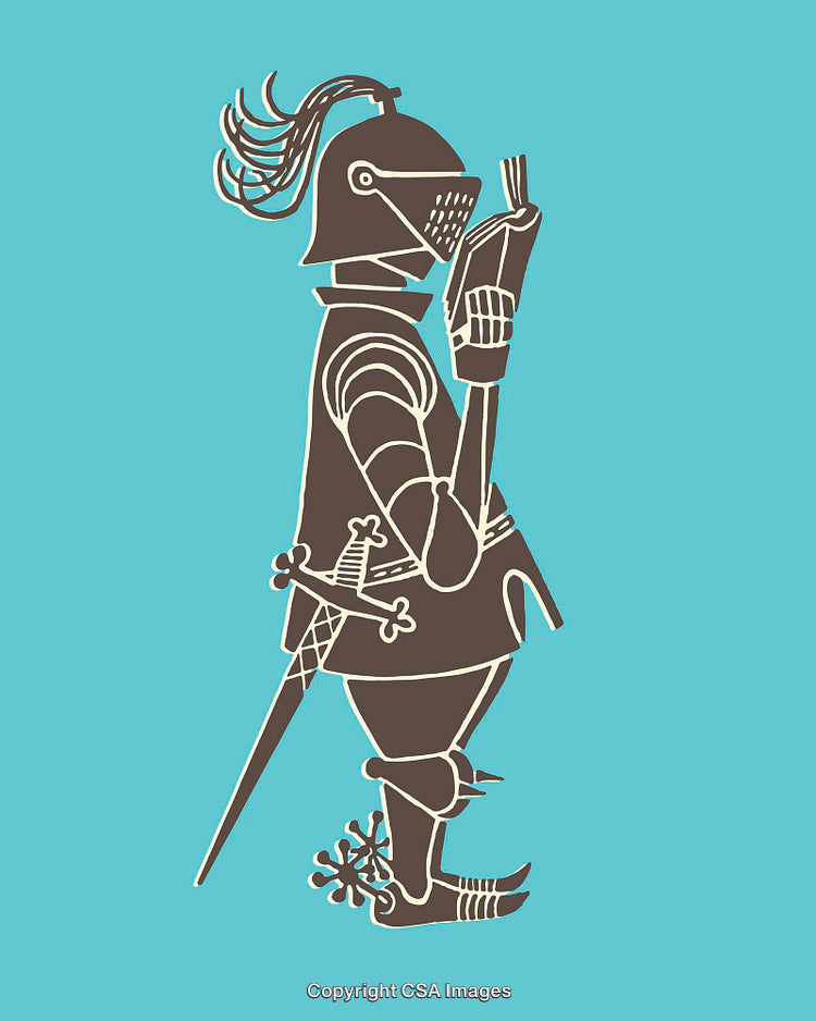 Illustration of a Knight Reading a Book in Stylized Line Art