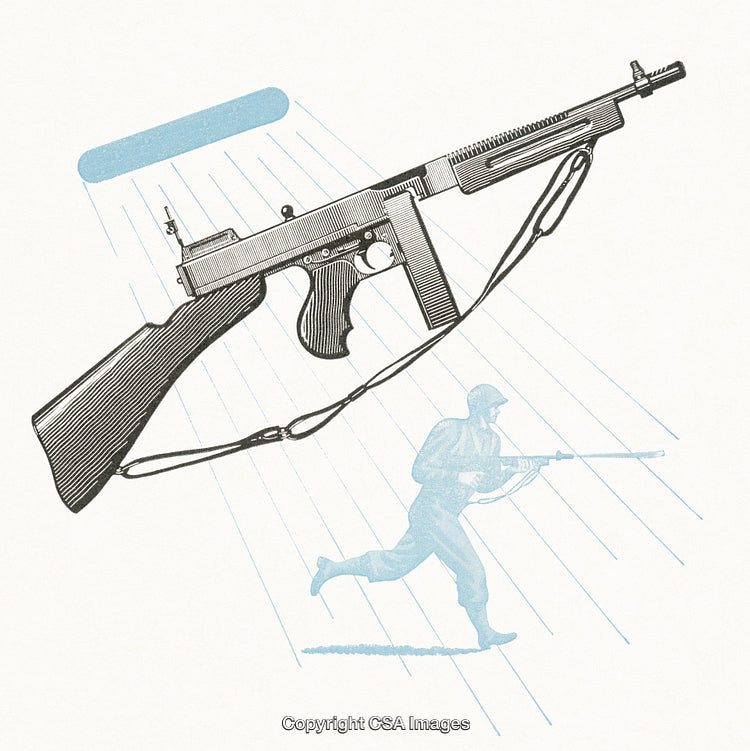 Vintage Illustration of Submachine Gun and Soldier in Action