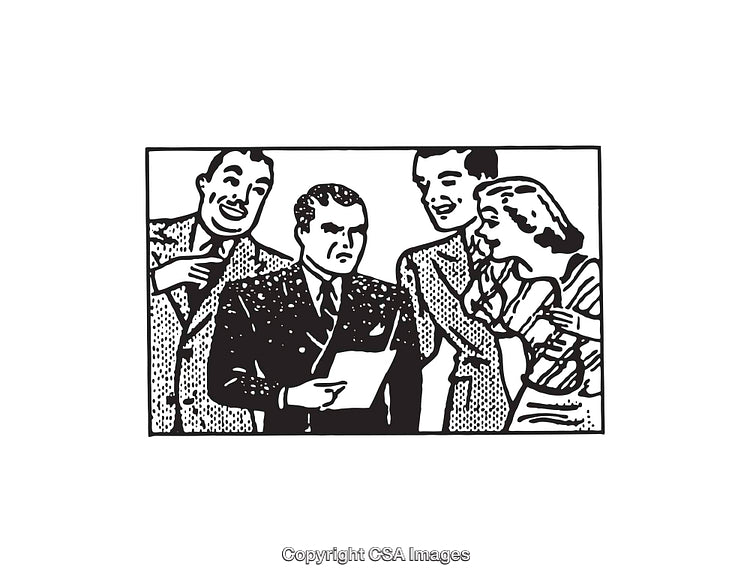 Vintage Black and White Line Art of Group Interaction Scene