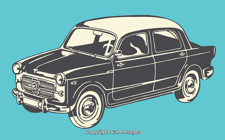 Classic Car Illustration in Retro Style with Blue Background