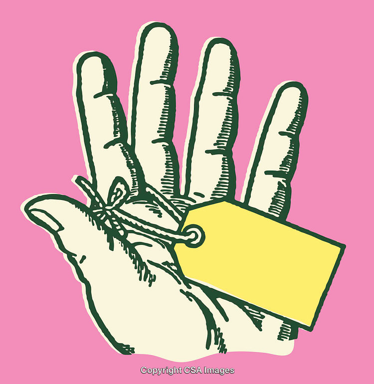 Colorful Vintage Line Art Illustration of a Hand Holding a Yellow Tag