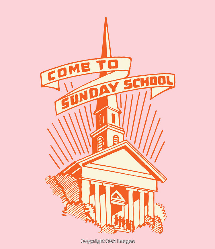 Colorful Line Art Illustration of a Church Promoting Sunday School Attendance