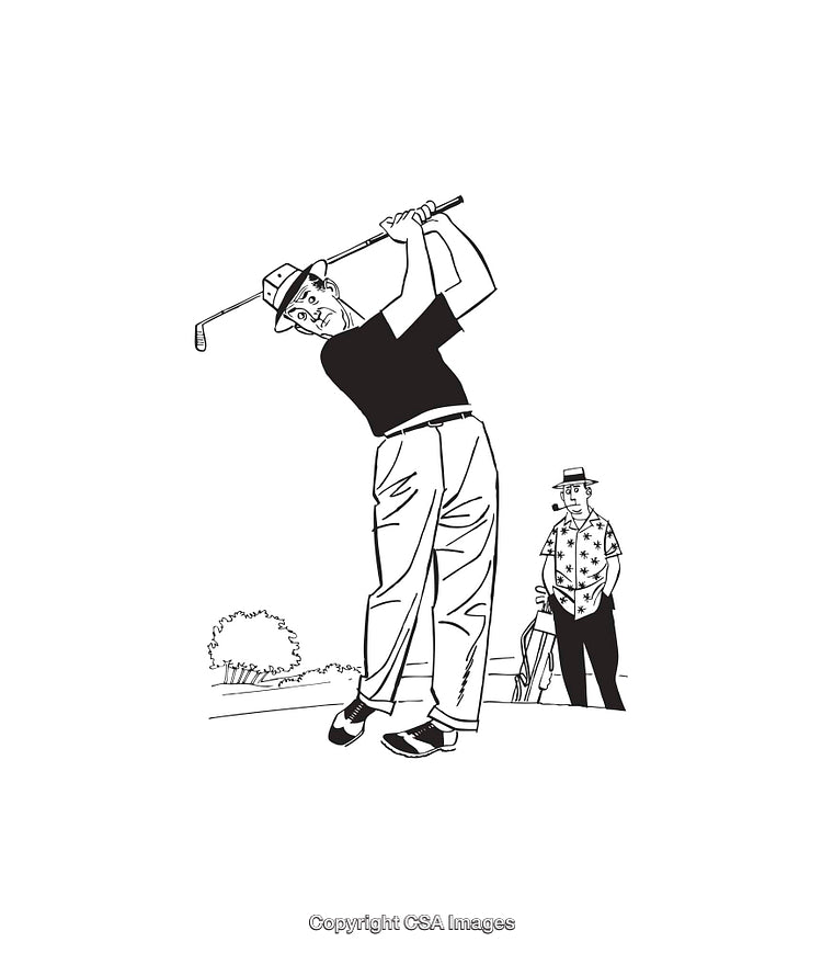 Black and White Line Art of Two Men Playing Golf Outdoors