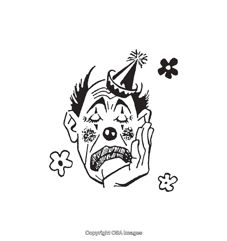 Black and White Line Art of a Melancholic Clown Illustration