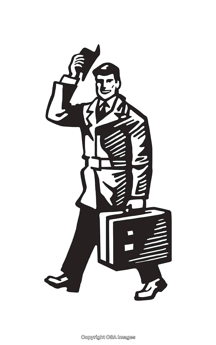 Black And White Illustration of a Businessman Greeting While Carrying a Briefcase