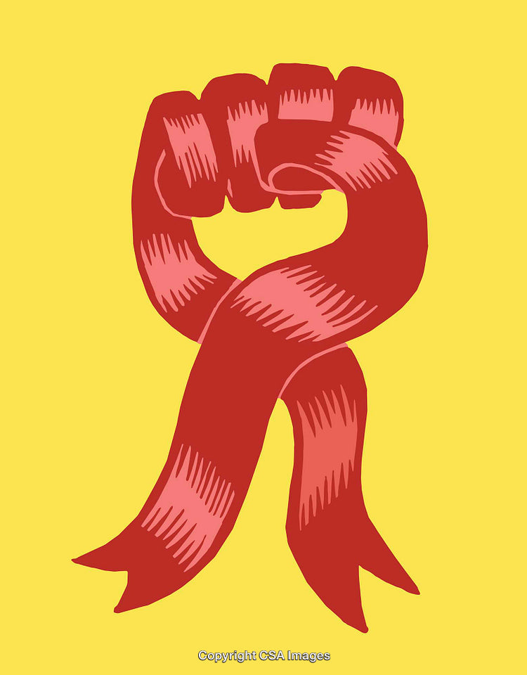 Red Ribbon Symbol and Fist on Yellow Solid Background