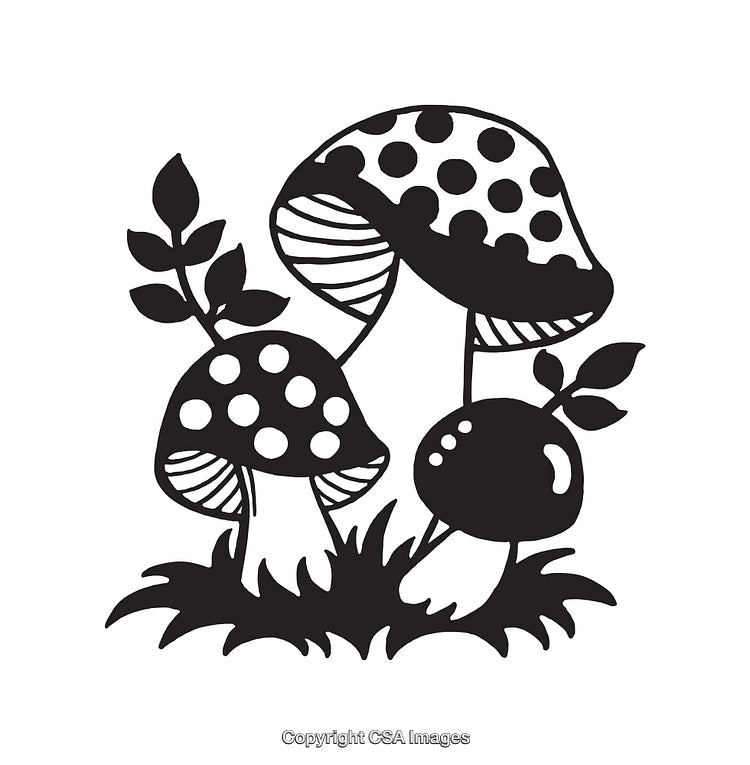Black And White Line Art Illustration of Mushrooms with Leafy Details
