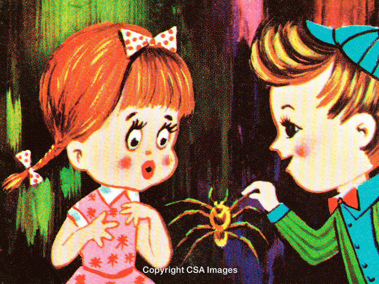 Vintage Illustration of Two Children Interacting with a Spider