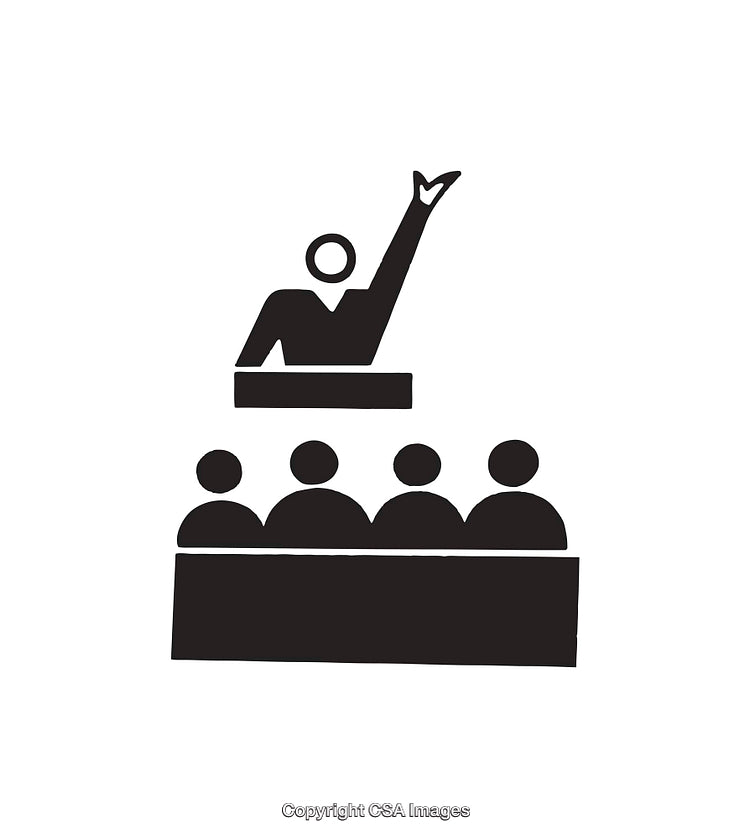 Illustration of a Speaker Addressing an Audience in Black and White