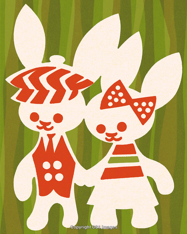 Artistic Illustration of Two Bunnies in Outfits Against a Green Background