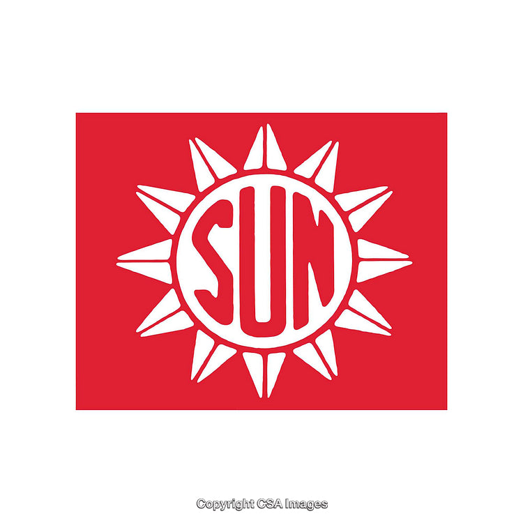 Red and White Sunburst Design Featuring Bold Lettering