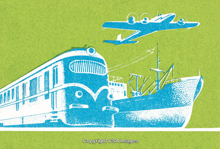 Illustrated Transportation Collection Featuring Train, Ship, and Airplane on Green Background